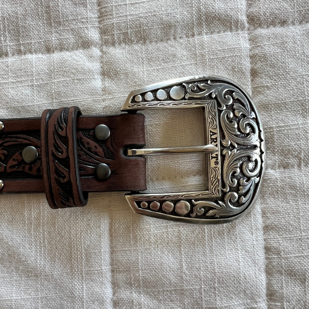 Ariat Womens Brown Floral Tooled Leather Studded Western Belt A1513802 Medium